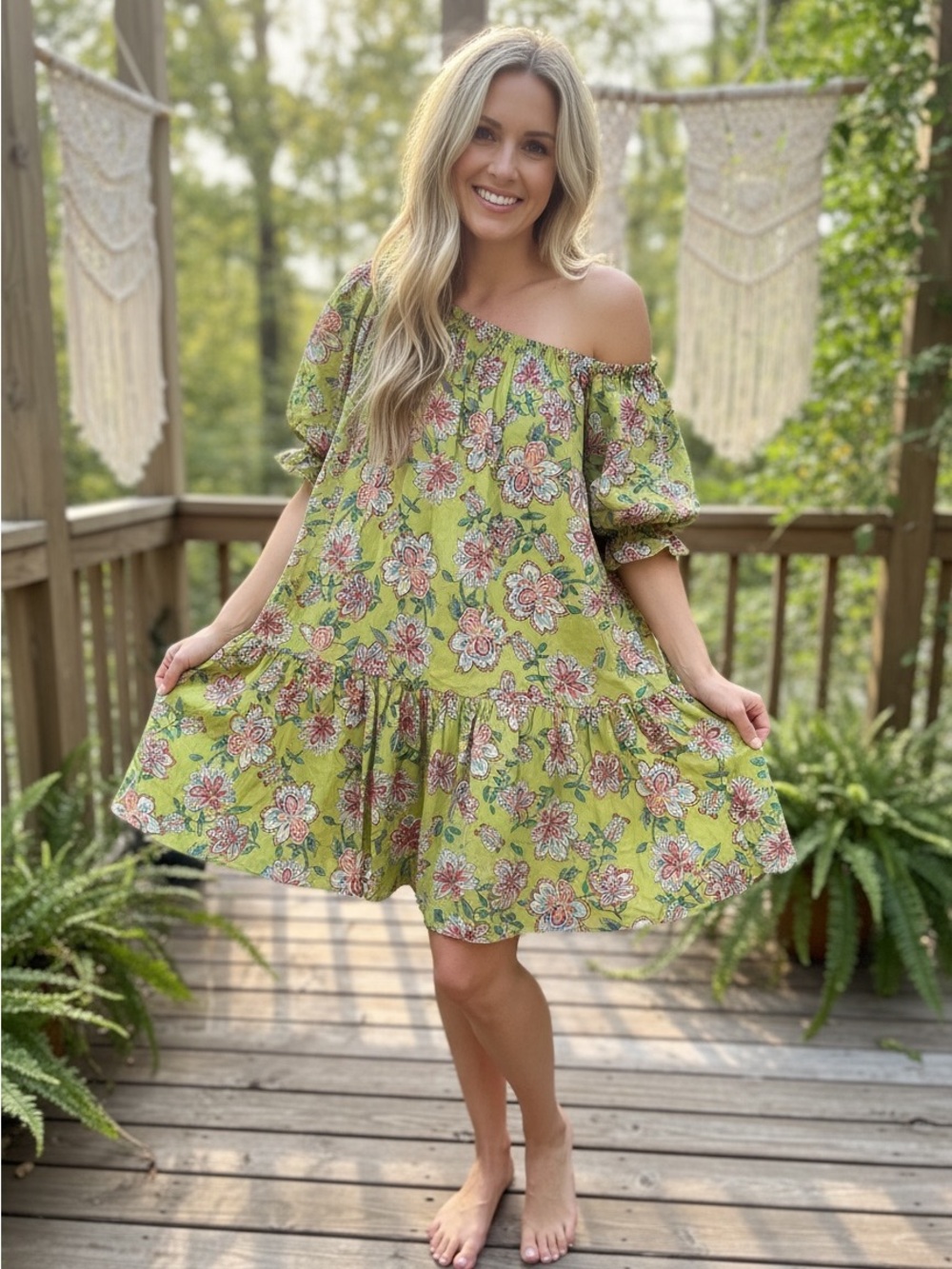NWT Easel One-Shoulder Green Floral Swing Dress Oversized Medium